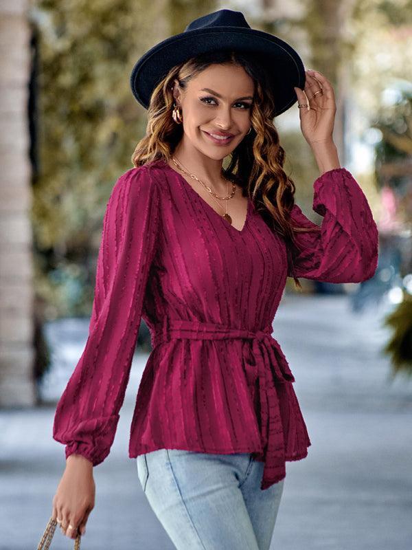 Casual V-neck tied waist slim long sleeves - 808Lush