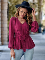 Casual V-neck tied waist slim long sleeves - 808Lush