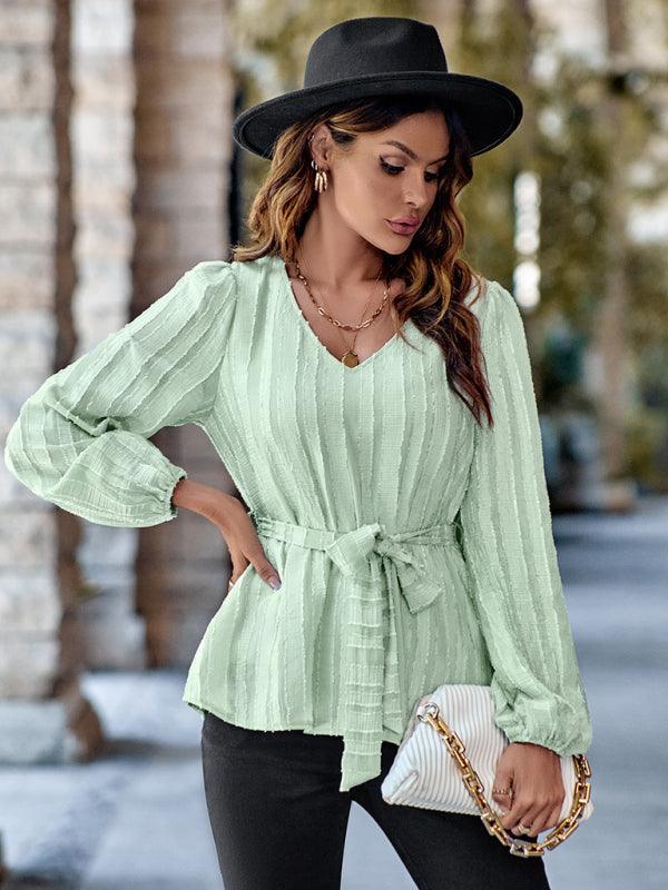 Casual V-neck tied waist slim long sleeves - 808Lush