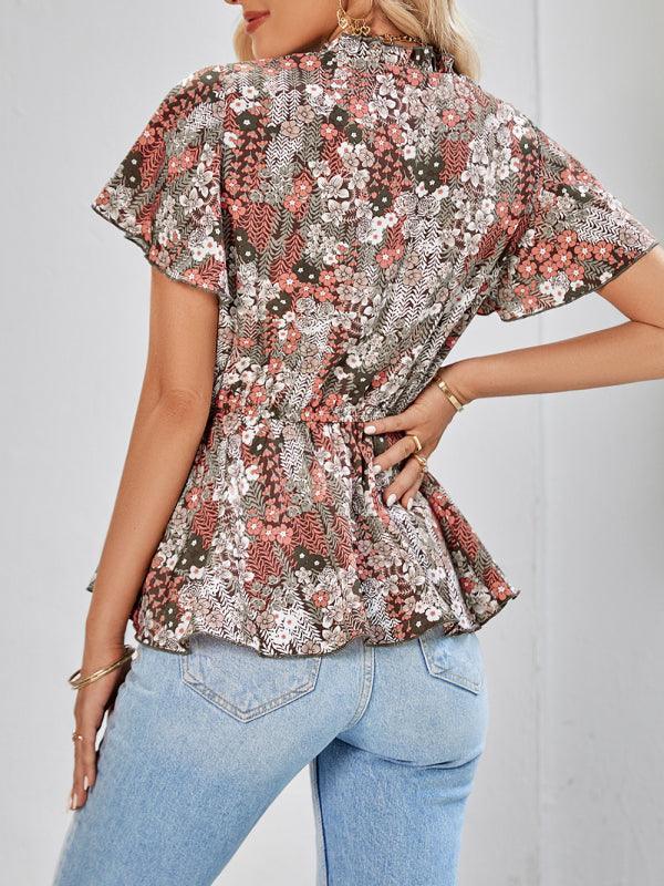 Casual V-neck waist print European and American top women - 808Lush