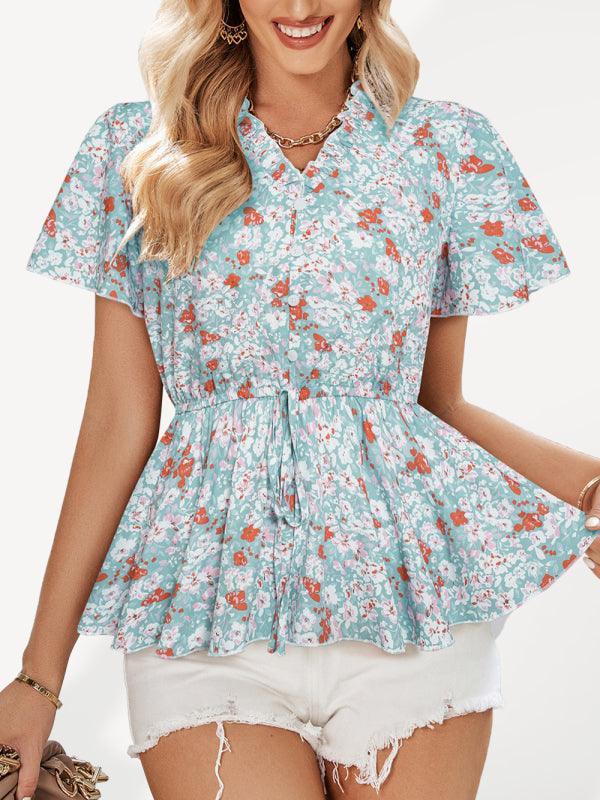 Casual V-neck waist print European and American top women - 808Lush