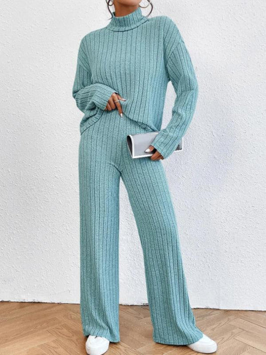 Casual high collar knitted long sleeve women's knitted two-piece set - 808Lush