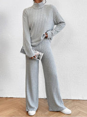 Casual high collar knitted long sleeve women's knitted two-piece set - 808Lush