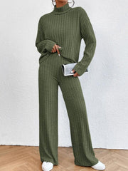 Casual high collar knitted long sleeve women's knitted two-piece set - 808Lush