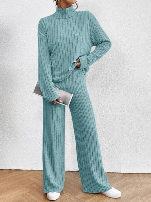 Casual high collar knitted long sleeve women's knitted two-piece set - 808Lush