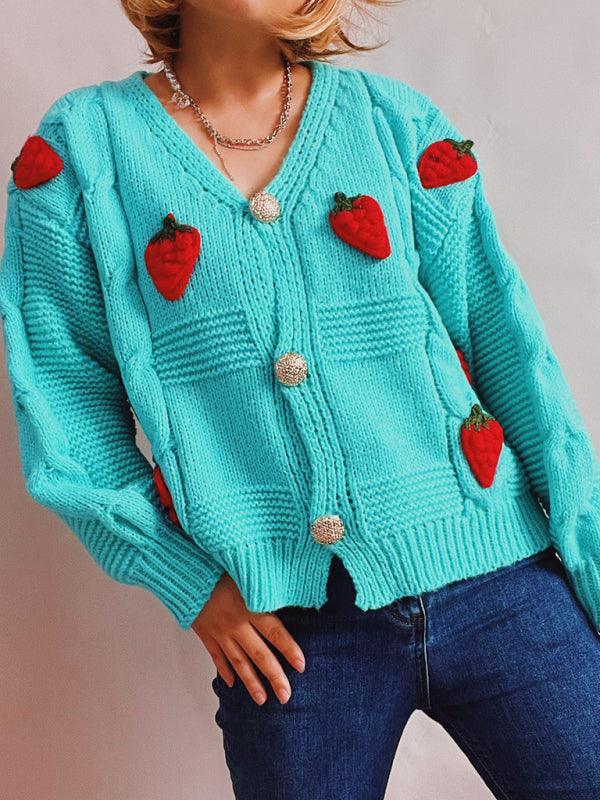 Casual loose strawberry embroidered burlap single-breasted knitted sweater - 808Lush