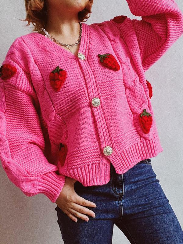 Casual loose strawberry embroidered burlap single-breasted knitted sweater - 808Lush