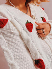 Casual loose strawberry embroidered burlap single-breasted knitted sweater - 808Lush