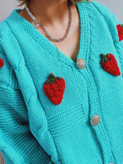 Casual loose strawberry embroidered burlap single-breasted knitted sweater - 808Lush