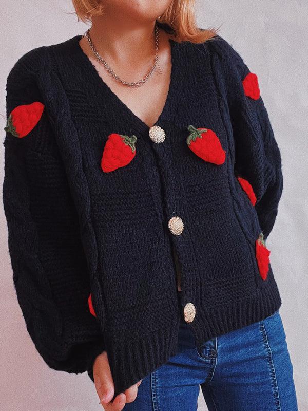 Casual loose strawberry embroidered burlap single-breasted knitted sweater - 808Lush