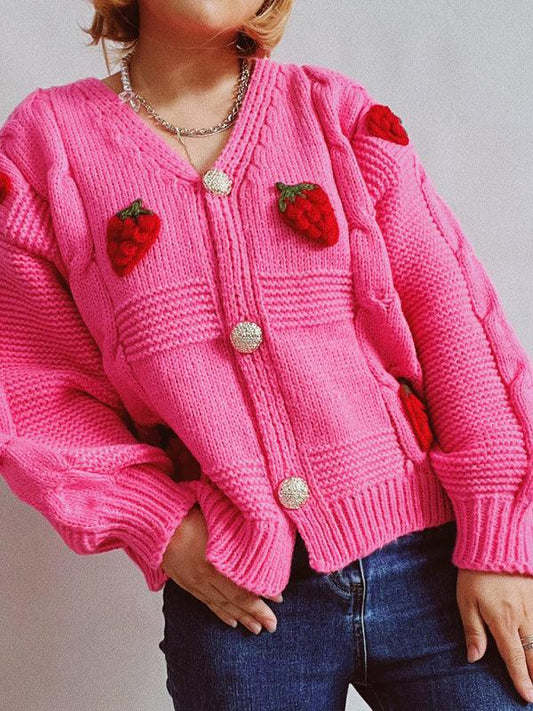 Casual loose strawberry embroidered burlap single-breasted knitted sweater - 808Lush