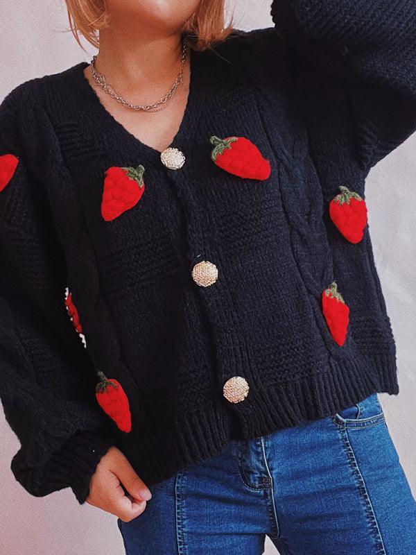 Casual loose strawberry embroidered burlap single-breasted knitted sweater - 808Lush