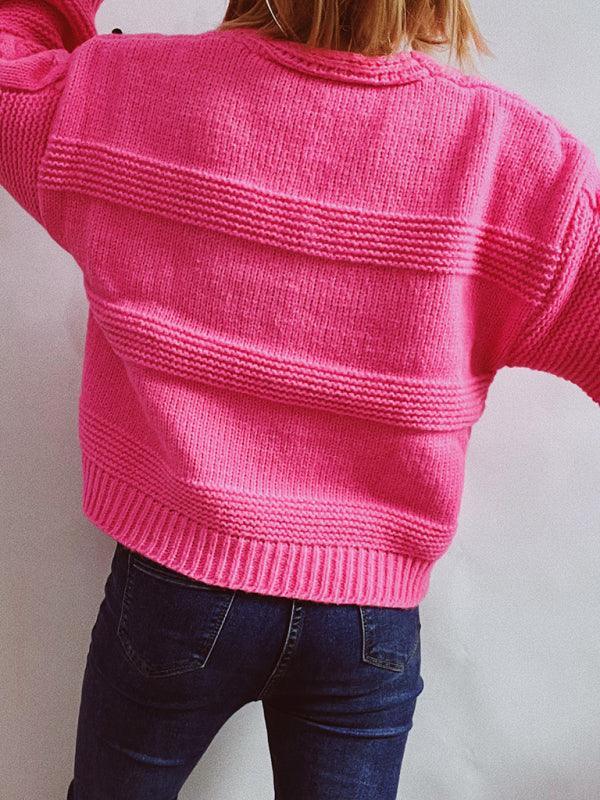 Casual loose strawberry embroidered burlap single-breasted knitted sweater - 808Lush