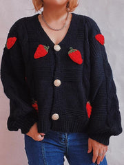 Casual loose strawberry embroidered burlap single-breasted knitted sweater - 808Lush