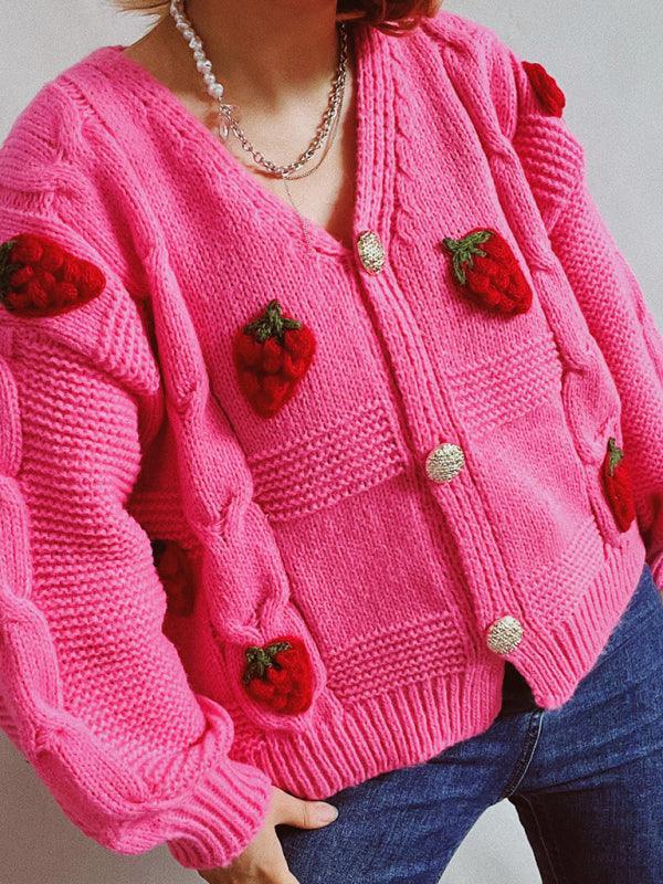 Casual loose strawberry embroidered burlap single-breasted knitted sweater - 808Lush