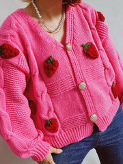 Casual loose strawberry embroidered burlap single-breasted knitted sweater - 808Lush