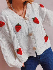 Casual loose strawberry embroidered burlap single-breasted knitted sweater - 808Lush