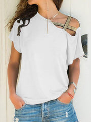 Casual slanted shoulder cross irregular short-sleeved T-shirt - 808Lush