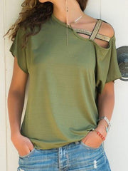 Casual slanted shoulder cross irregular short-sleeved T-shirt - 808Lush