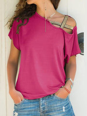 Casual slanted shoulder cross irregular short-sleeved T-shirt - 808Lush