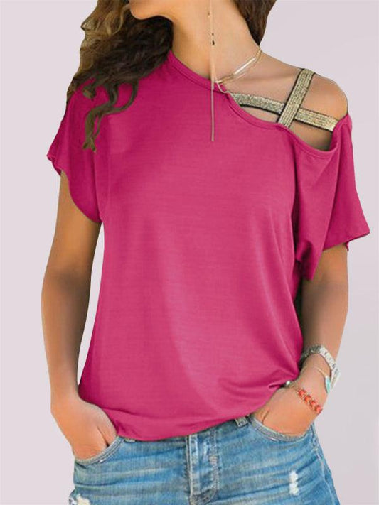 Casual slanted shoulder cross irregular short-sleeved T-shirt - 808Lush