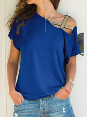 Casual slanted shoulder cross irregular short-sleeved T-shirt - 808Lush