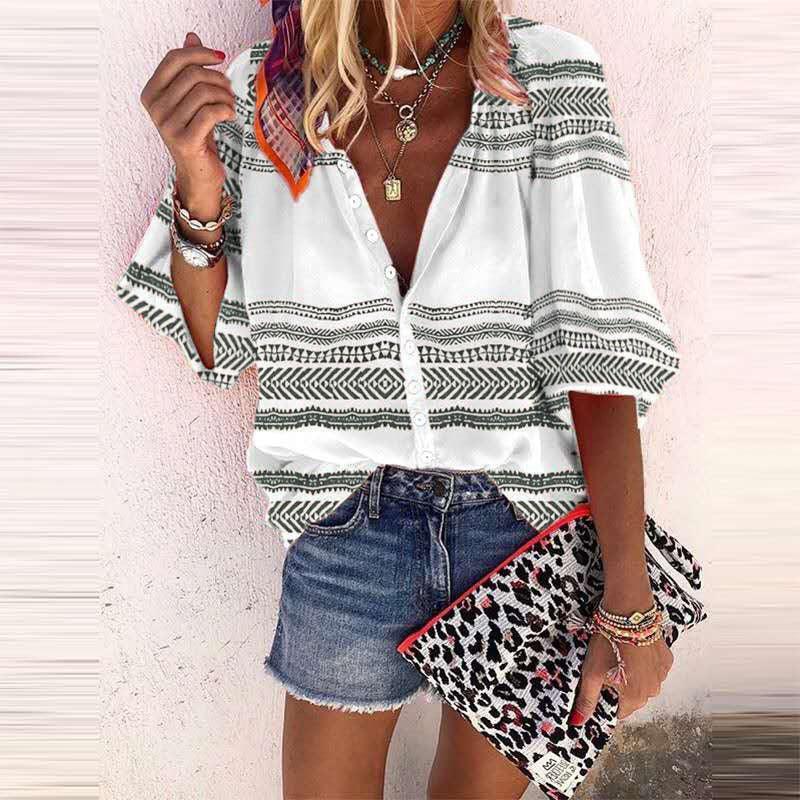 Casual striped printed shirt women's tops women's clothing - 808Lush