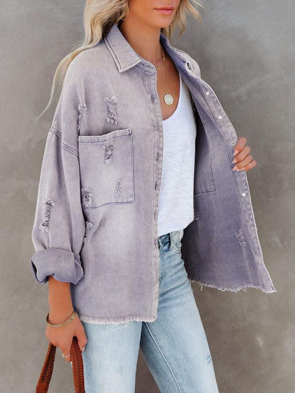 Coat mid-length style ripped loose denim shirt jacket - 808Lush