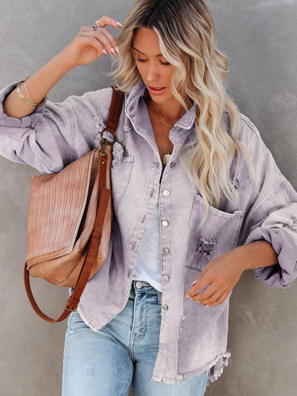 Coat mid-length style ripped loose denim shirt jacket - 808Lush