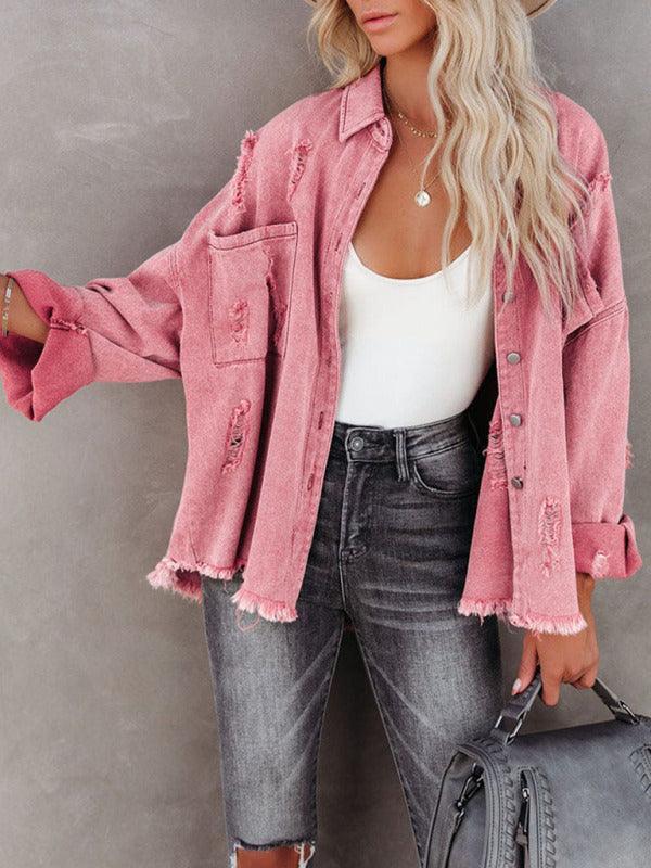 Coat mid-length style ripped loose denim shirt jacket - 808Lush