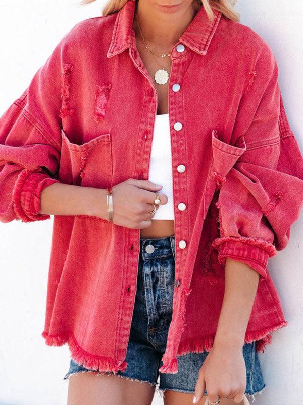 Coat mid-length style ripped loose denim shirt jacket - 808Lush