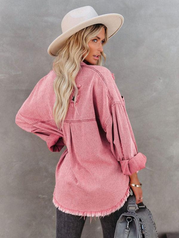 Coat mid-length style ripped loose denim shirt jacket - 808Lush