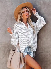 Collar shirt thin medium long stripe casual long sleeve shirt - 808Lush