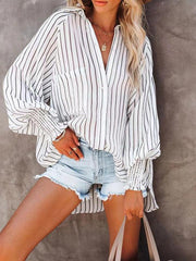 Collar shirt thin medium long stripe casual long sleeve shirt - 808Lush