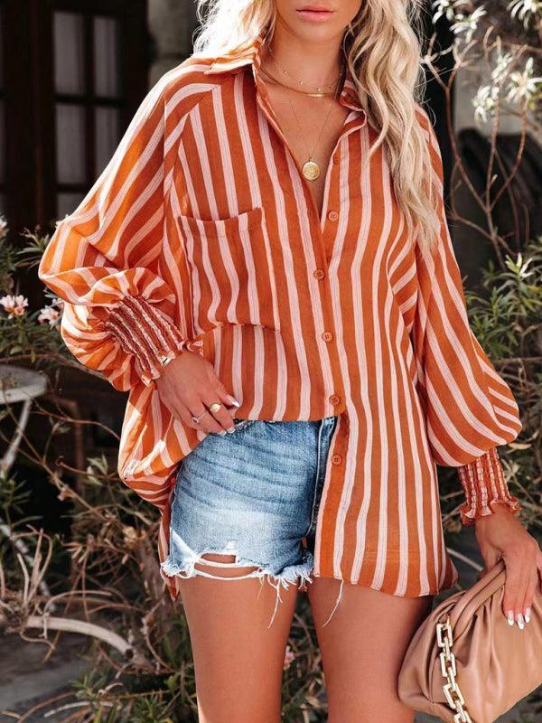 Collar shirt thin medium long stripe casual long sleeve shirt - 808Lush