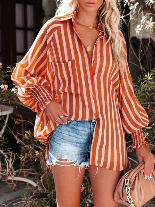 Collar shirt thin medium long stripe casual long sleeve shirt - 808Lush