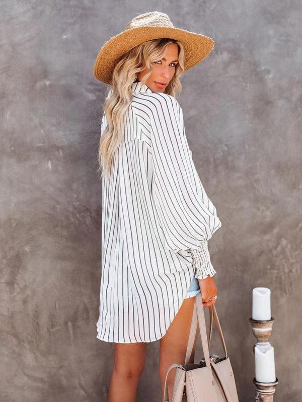 Collar shirt thin medium long stripe casual long sleeve shirt - 808Lush