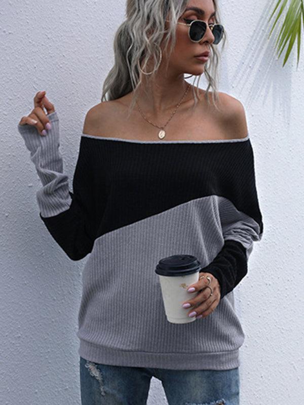 Colorblock Long Sleeve Knit Loose Off Shoulder One Shoulder Top - 808Lush