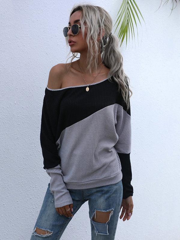 Colorblock Long Sleeve Knit Loose Off Shoulder One Shoulder Top - 808Lush