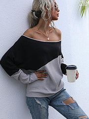 Colorblock Long Sleeve Knit Loose Off Shoulder One Shoulder Top - 808Lush