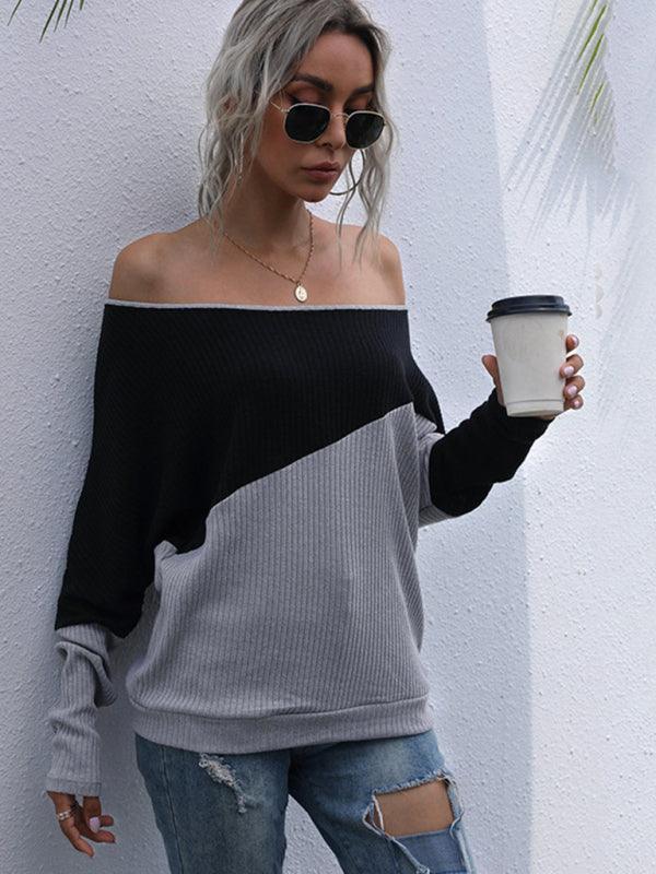 Colorblock Long Sleeve Knit Loose Off Shoulder One Shoulder Top - 808Lush