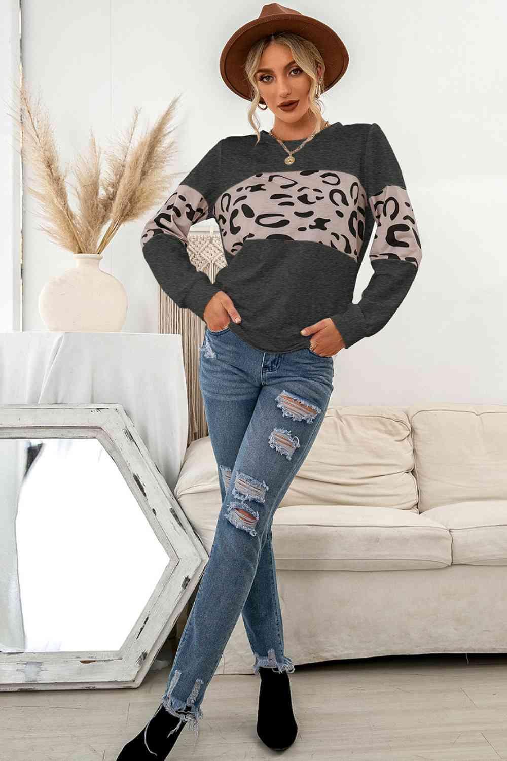 Contrast Leopard Crewneck Sweatshirt - 808Lush