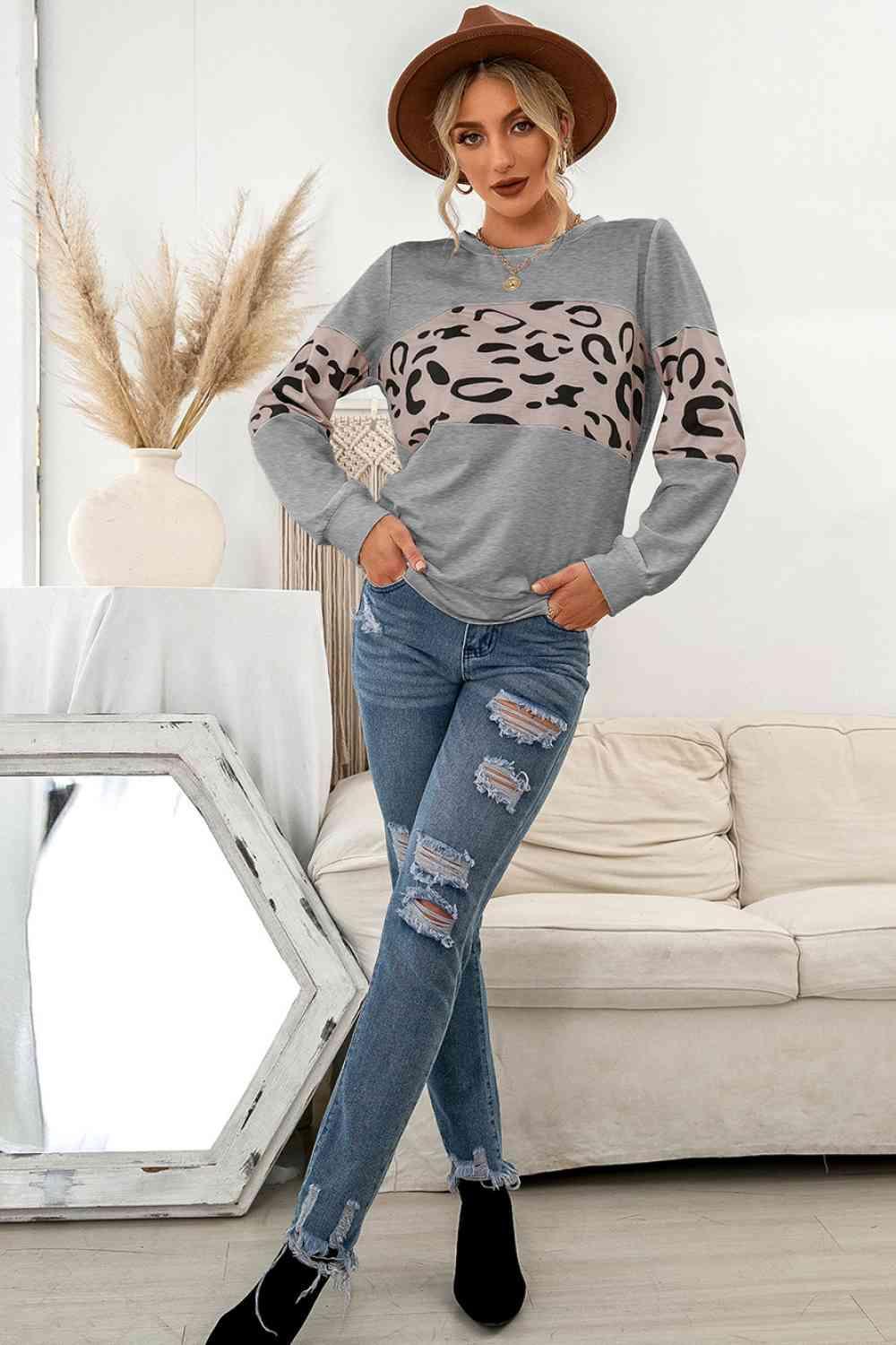 Contrast Leopard Crewneck Sweatshirt - 808Lush