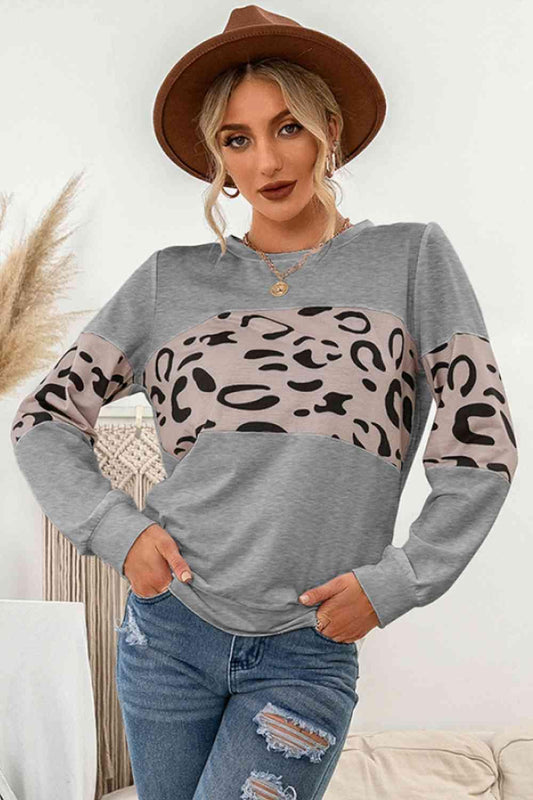 Contrast Leopard Crewneck Sweatshirt - 808Lush
