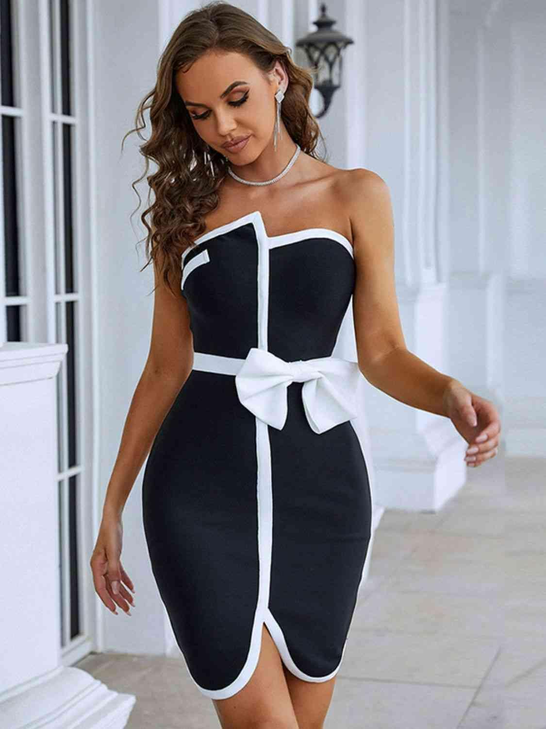 Contrast Strapless Bow Detail Mini Dress - 808Lush