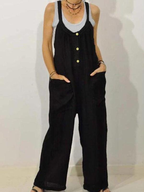 Cotton Linen Overalls Pocket Solid Elastic Band Button Jumpsuit - 808Lush