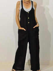 Cotton Linen Overalls Pocket Solid Elastic Band Button Jumpsuit - 808Lush