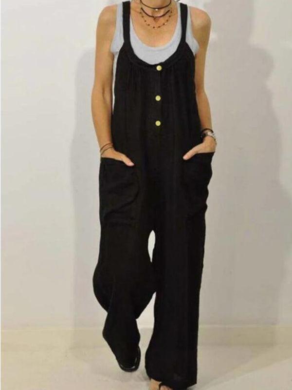 Cotton Linen Overalls Pocket Solid Elastic Band Button Jumpsuit - 808Lush