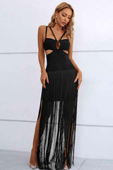 Cutout Strappy Neck Fringe Dress - 808Lush