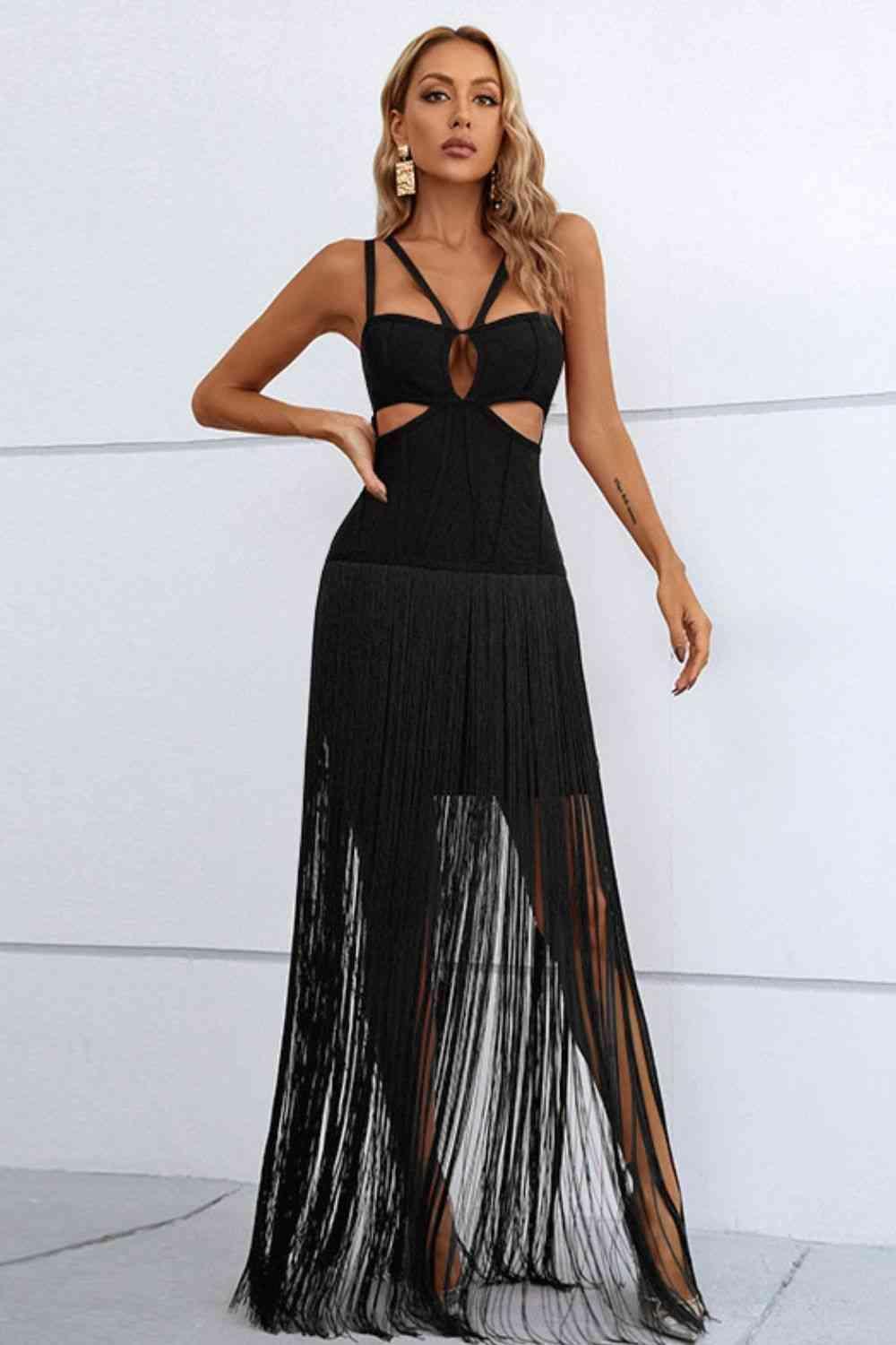 Cutout Strappy Neck Fringe Dress - 808Lush